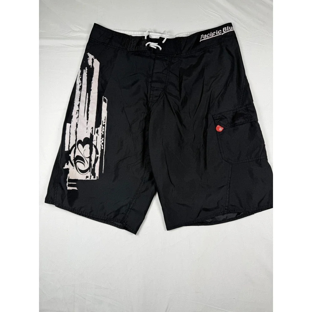 Pacific Blue Mens Black Graphic Board Shorts Cargo Pocket Swim Trunks Size L